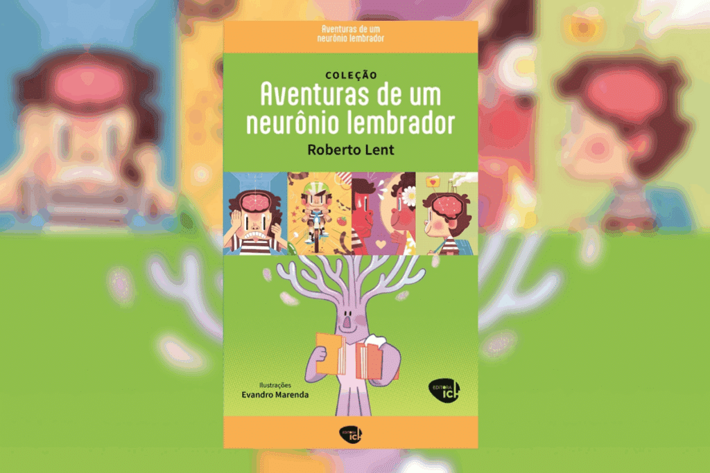 Capa de livro verde com título e nome do autor em preto e branco e ilustração de neurônio com livro na mão e situações do cotidiano em cima