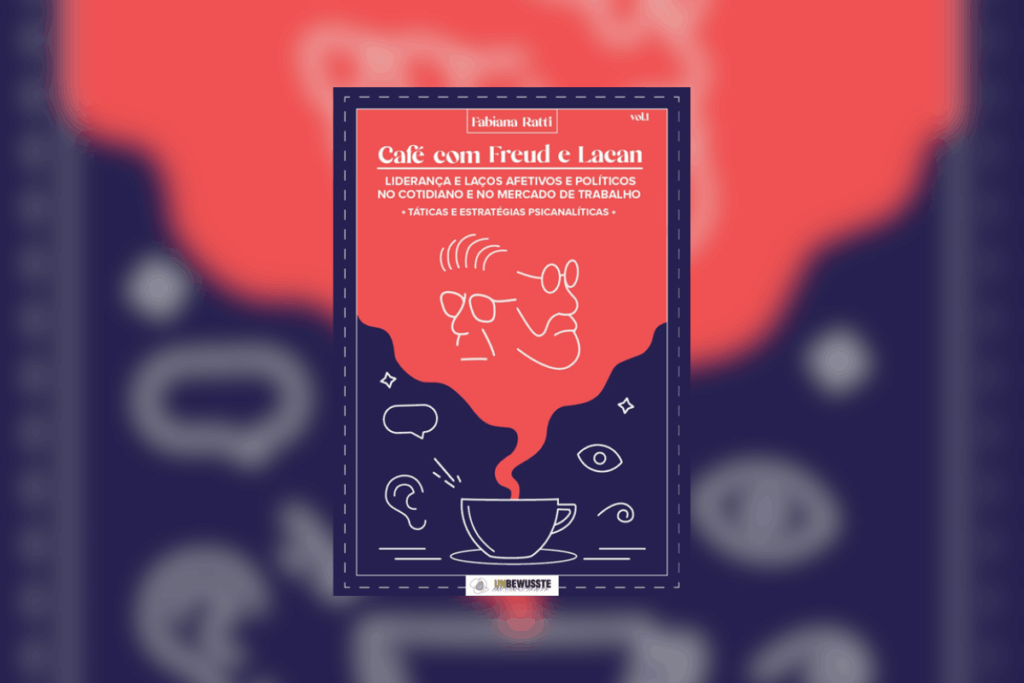 Capa de livro azul e vermelha com ilustração de uma caneca de café com fumaça saindo dela e ilustrações em branco e nome e título do livro em branco