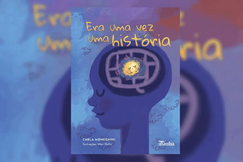 Capa de livro azul com título em amarelo e nome do autor em branco, com ilustração de uma criança em azul e com uma bolinha amarela dentro da cabeça brilhando