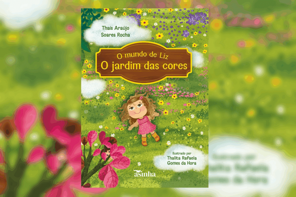 Capa de livro com título em amarelo escrito em placa marrom, nome do autor em verde e ilustração de menina com cabelo curto cacheado, deitada em jardim usando vestido rosa com bolinhas brancas e bota laranja