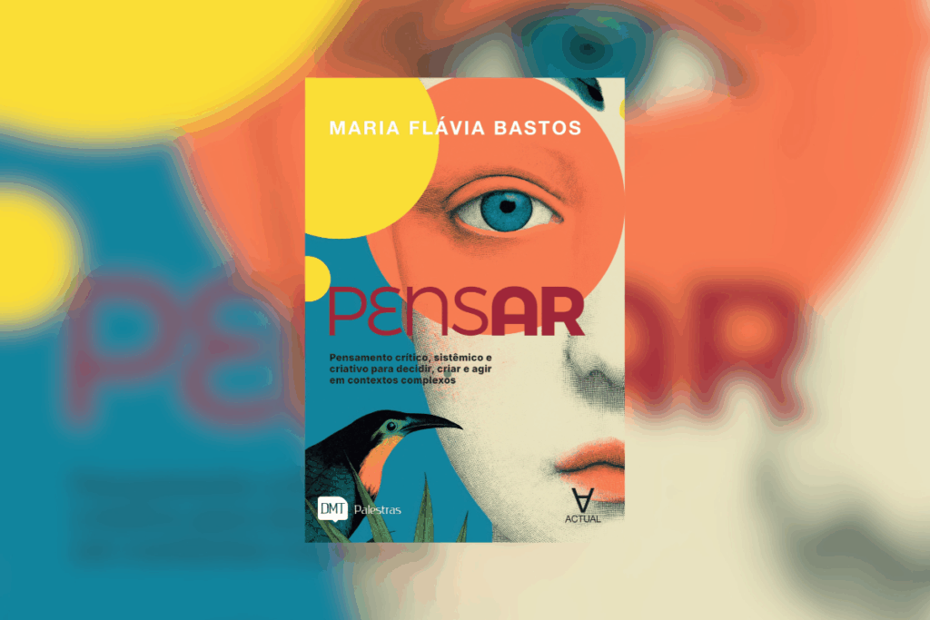 Capa de livro azul com ilustração do rosto de uma pessoa com um círculo laranja no olho, com outro círculo amarelo ao lado e ilustração de um pássaro preto e laranja com nome e título em branco, vermelho e preto