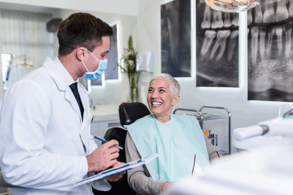 A imagem mostra um profissional da odontologia conversando com uma paciente durante uma consulta em um consultório odontológico. O dentista veste jaleco branco, utiliza máscara cirúrgica e segura uma prancheta, aparentemente registrando informações ou explicando algum procedimento. A paciente, uma mulher idosa de cabelos curtos e grisalhos, está sentada na cadeira odontológica usando um babador descartável azul-claro e sorri enquanto olha para o profissional