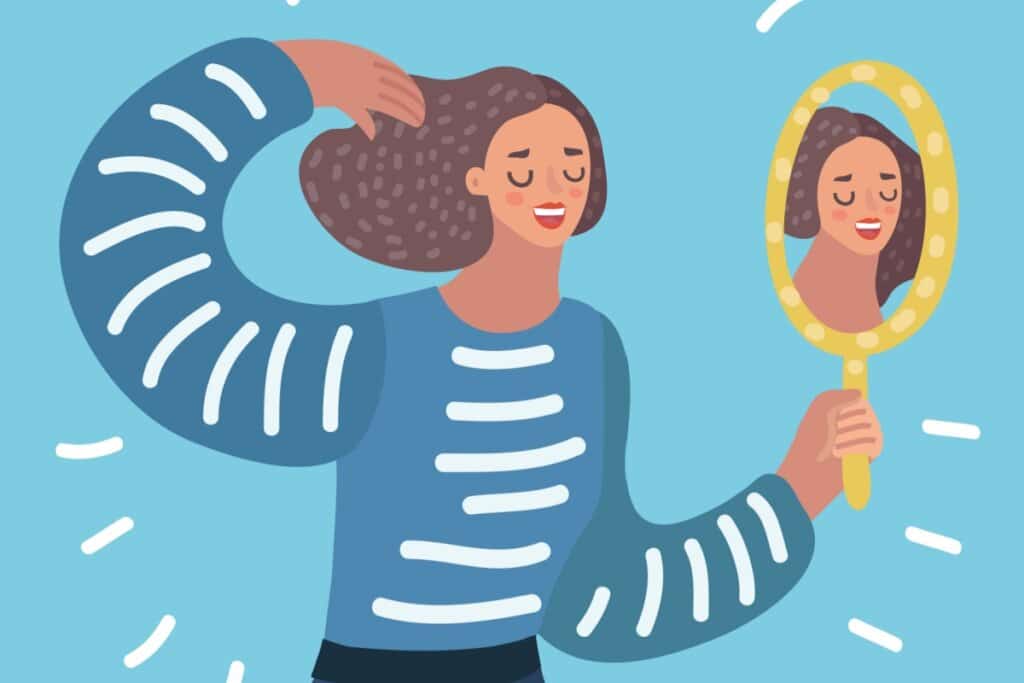 ilustração de mulher vestida de azul segurando espelho redondo perto do rosto