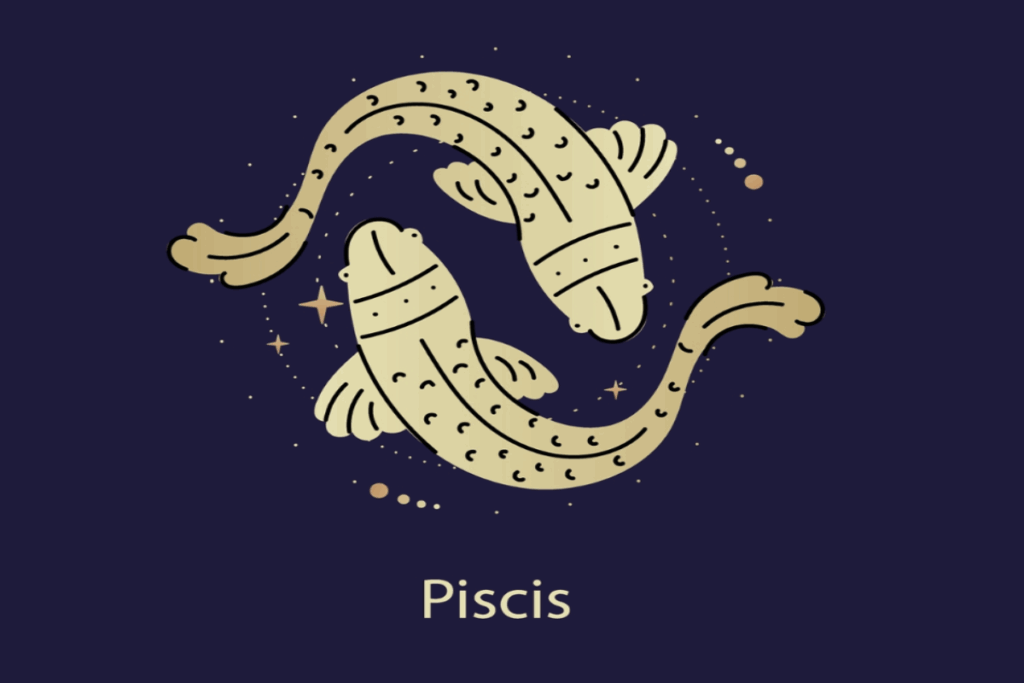 Ilustração amarela do símbolo e do nome do signo de peixes sobre fundo azul-escuro