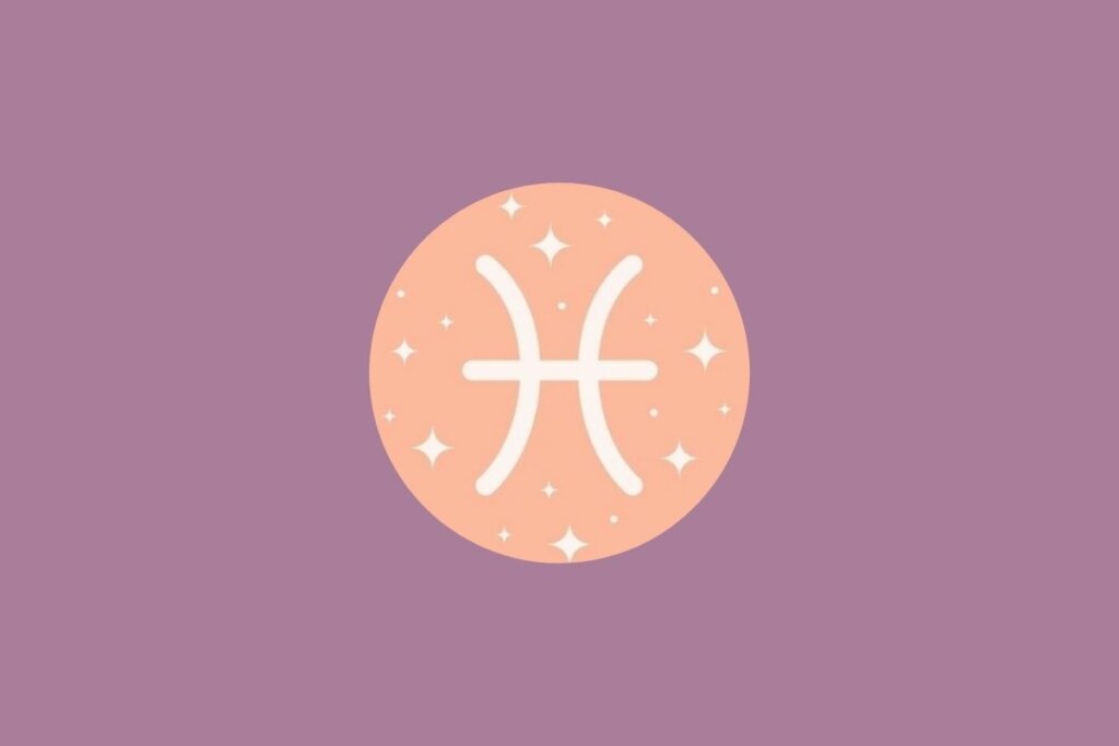 Ilustração de círculo laranja com estrelas e símbolo do signo de peixes sobre fundo roxo