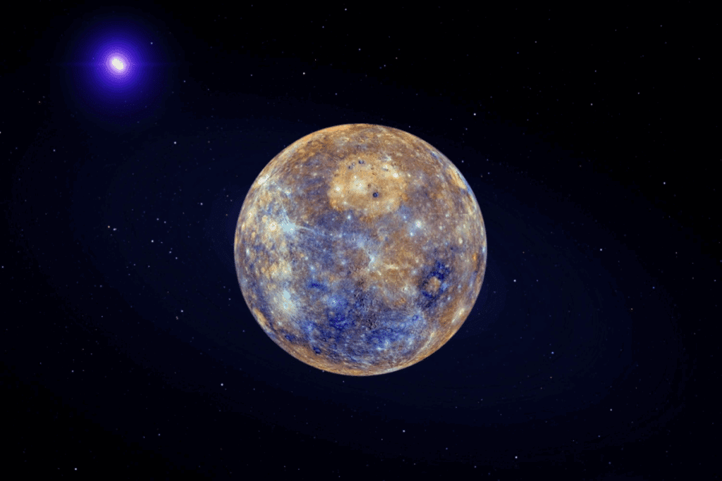 A imagem mostra o planeta Mercúrio em destaque no espaço, com sua superfície repleta de crateras e diferentes tonalidades que evidenciam sua composição rochosa. Ao fundo, o céu estrelado e um ponto luminoso reforçam o cenário espacial