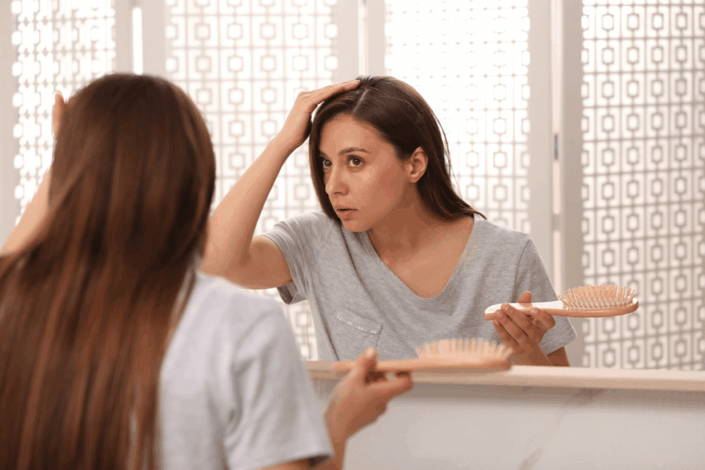 Mulher olhando o couro cabeludo em um espelho e segurando uma escova de cabelo