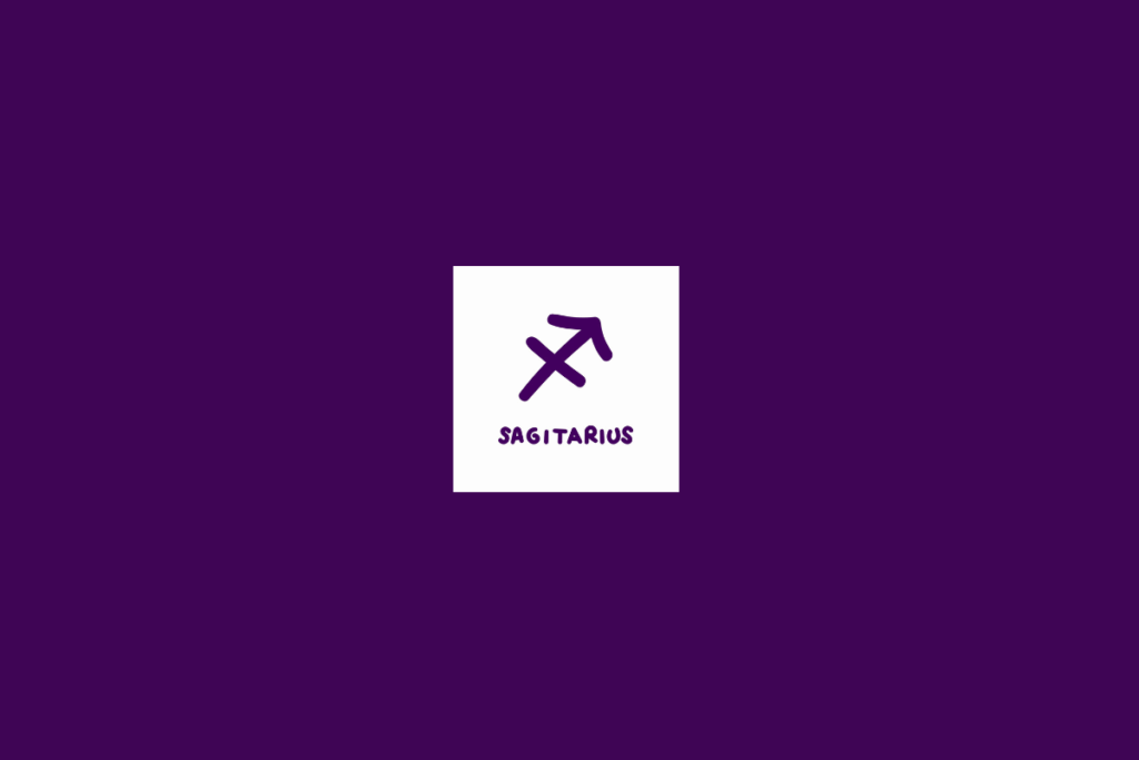 Ilustração do signo de sagitário dentro de um quadrado branco e centralizado em fundo roxo-escuro