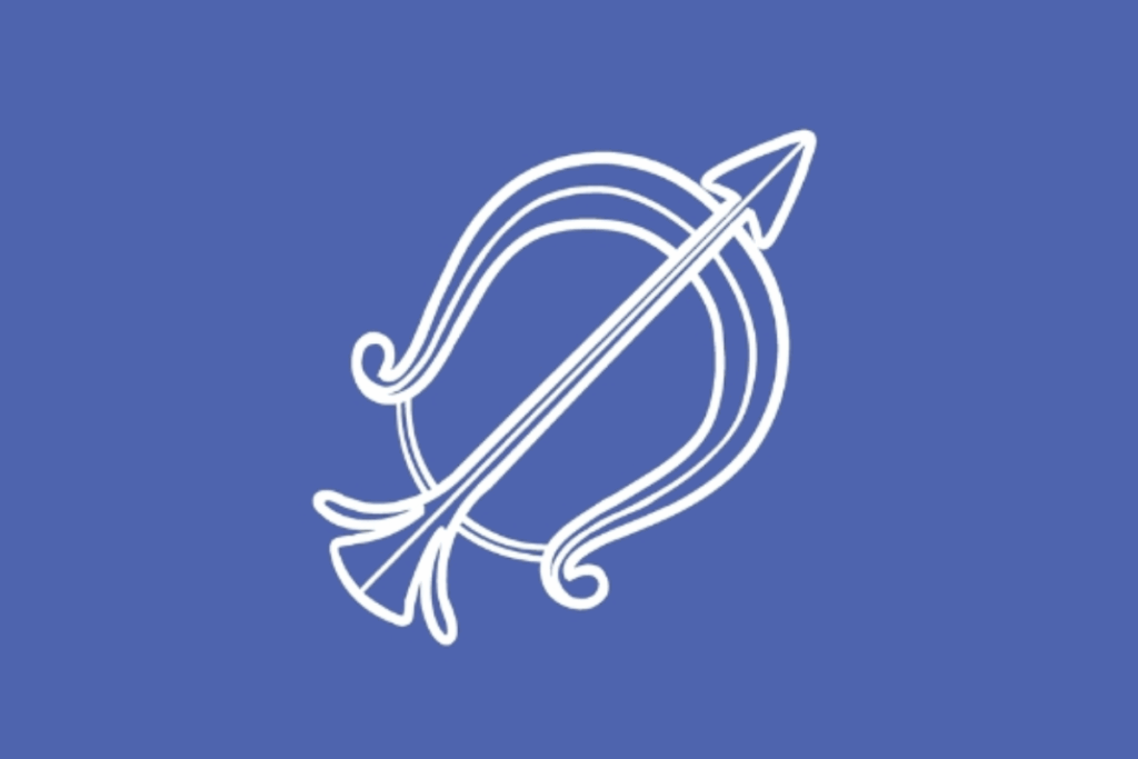 A imagem representa o signo de Sagitário por meio de um arco e uma flecha. O desenho aparece centralizado sobre um fundo azul uniforme e é formado inteiramente por linhas brancas.