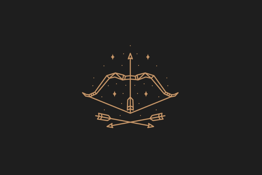 Ilustração do signo de sagitário em dourado, com estrelas ao redor, centralizada sobre fundo preto