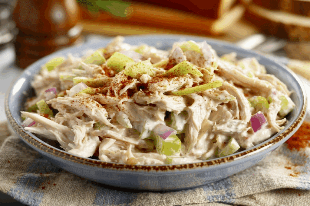 Salada cremosa de frango servida em prato fundo de cerâmica em cima de mesa de madeira