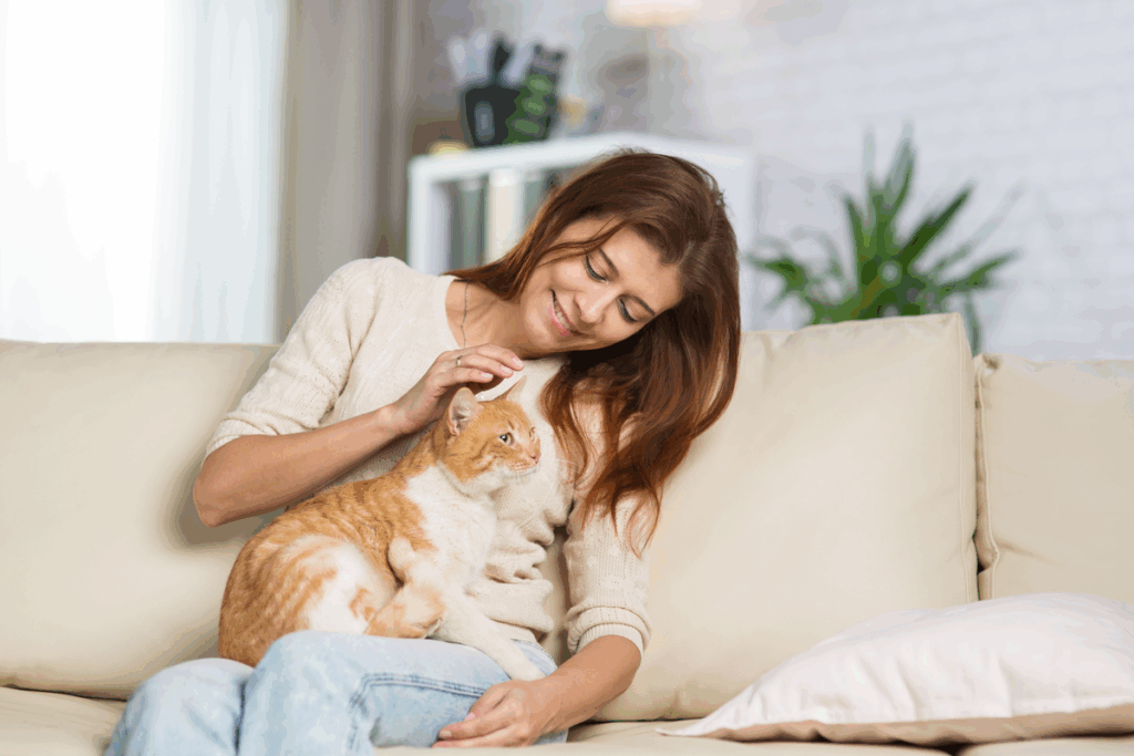 Gato laranja no colo de uma mulher que está sentada em um sofá da cor creme