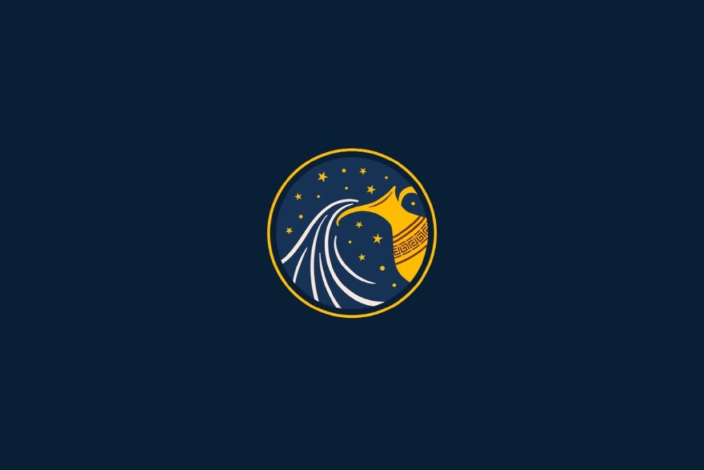 Ilustração do signo de Aquário em amarelo sobre um fundo azul