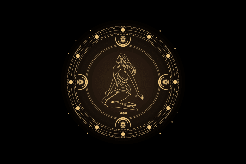 Ilustração de uma mulher dentro de um círculo dourado e com estrelas ao redor representando o signo de Virgem 