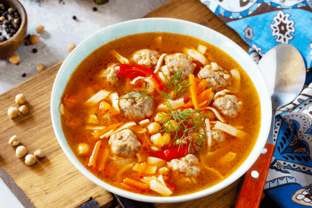 Sopa de frango com grão-de-bico e macarrão servido em tigela branca em cima da bancada