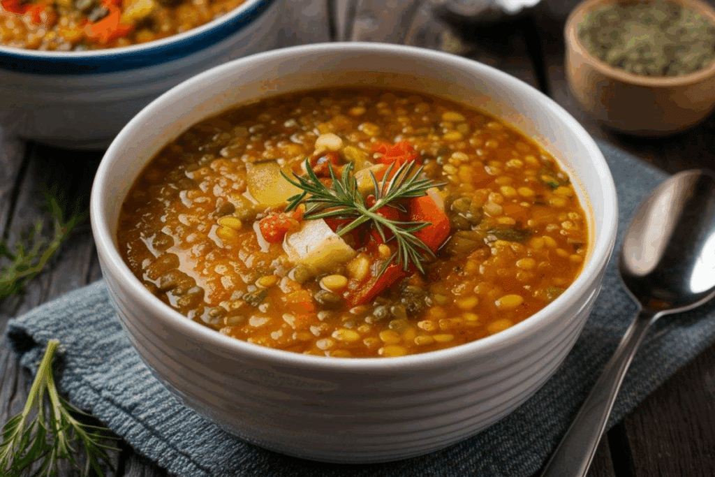 Sopa de lentilha com legumes servida em tigela branca em cima de mesa de madeira