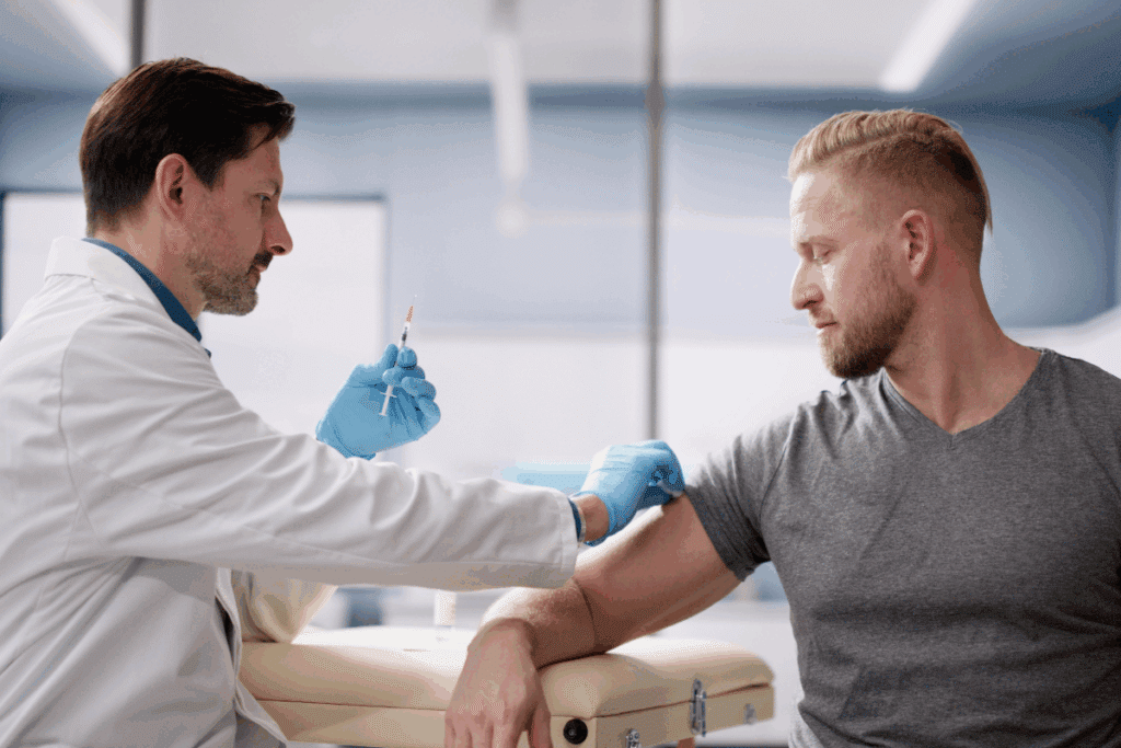 Médico segurando uma injeção e limpando o braço de um homem antes de aplicá-la. Ambos sentados