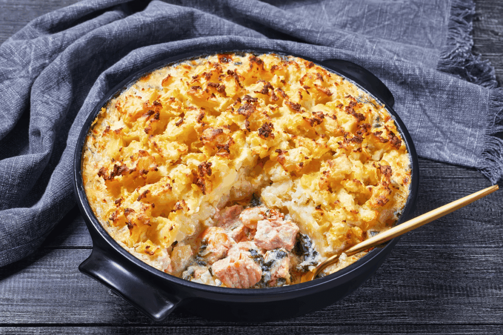 Escondidinho de salmão com purê de batata dourado e recheio cremoso de salmão e espinafre em travessa preta