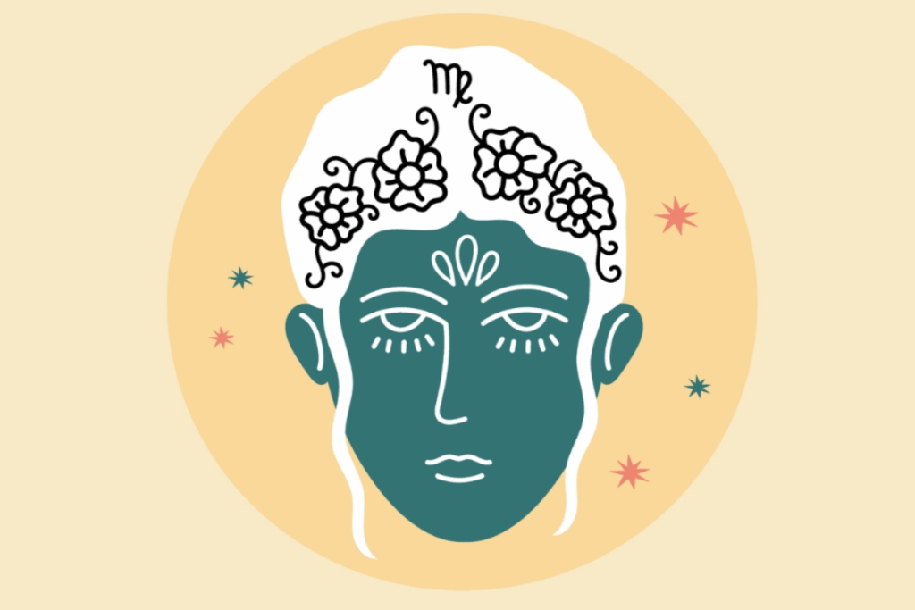 A imagem apresenta um rosto feminino estilizado como representação do signo de Virgem. A face é verde-azulada e aparece de frente, com olhos, sobrancelhas, nariz, boca e cílios desenhados em linhas brancas. O cabelo é branco e envolve toda a parte superior e as laterais da cabeça.