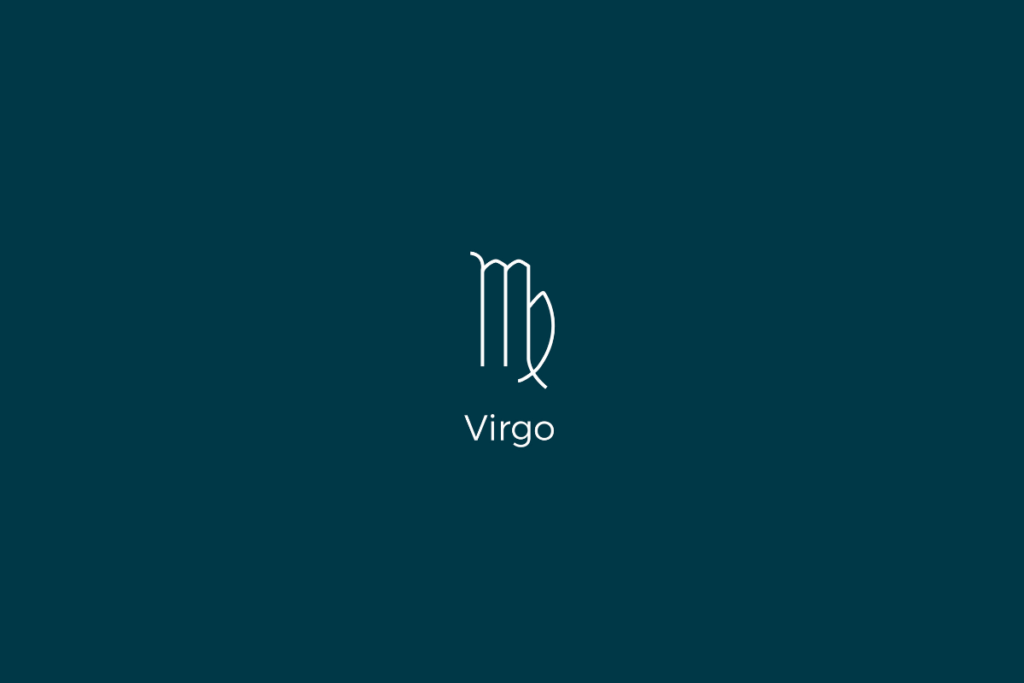 Ilustração do signo de virgem, com o nome do signo abaixo, centralizado em um fundo verde-escuro