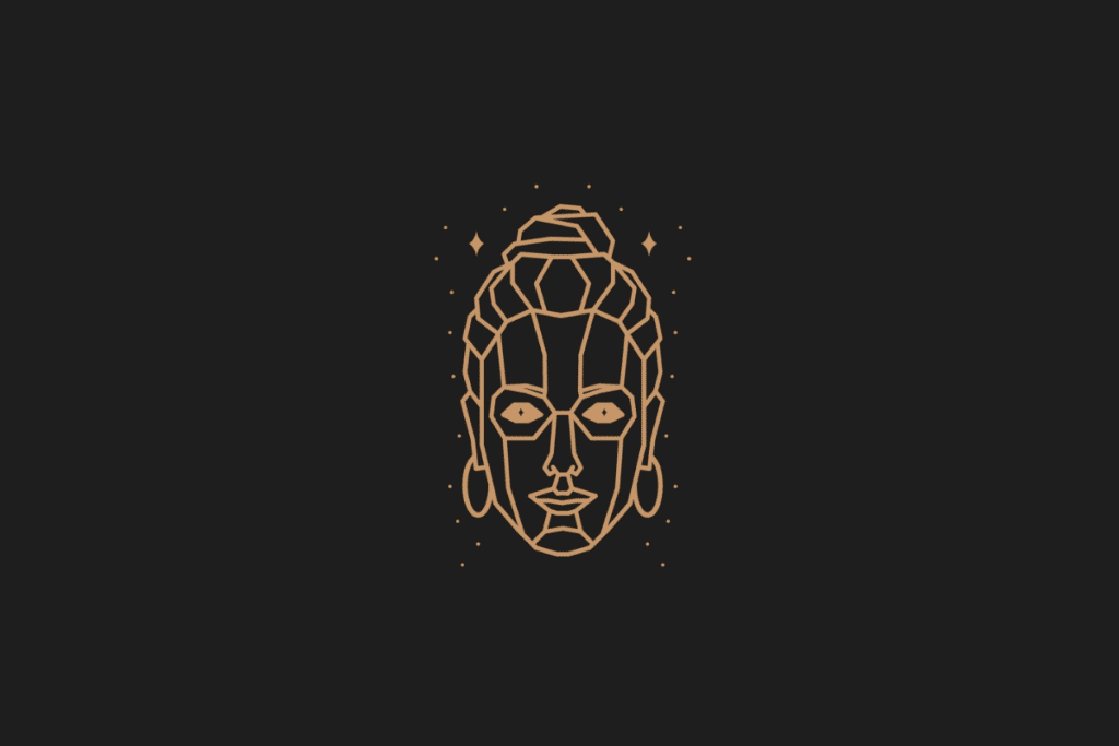 Ilustração do signo de virgem em dourado, com estrelas ao redor, centralizada sobre fundo preto