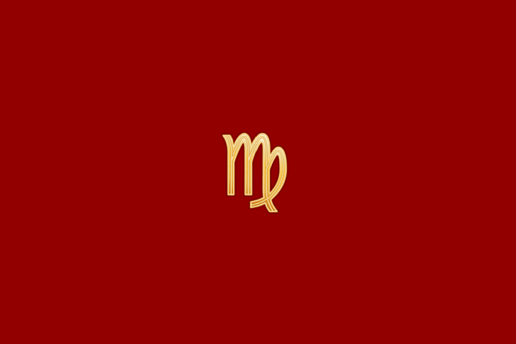 Ilustração do signo de virgem em dourado, centralizado em fundo vermelho