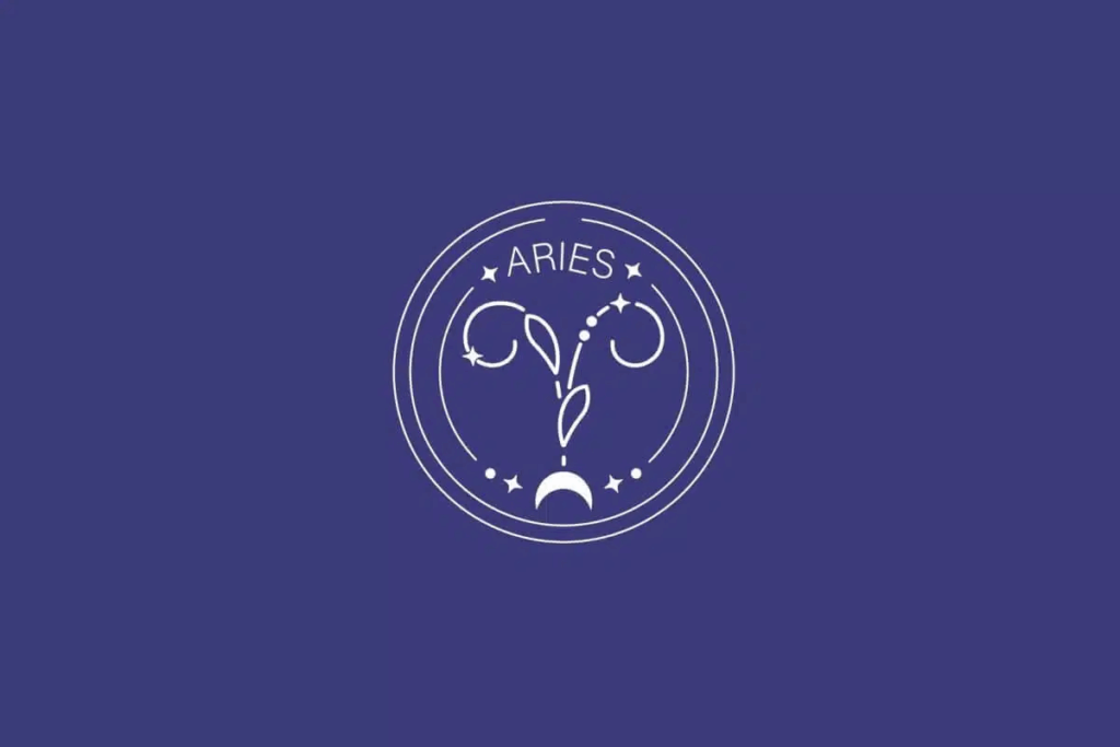 Ilustração do signo de Áries, com símbolo formado por linhas curvas que lembram chifres, em fundo azul-escuro 