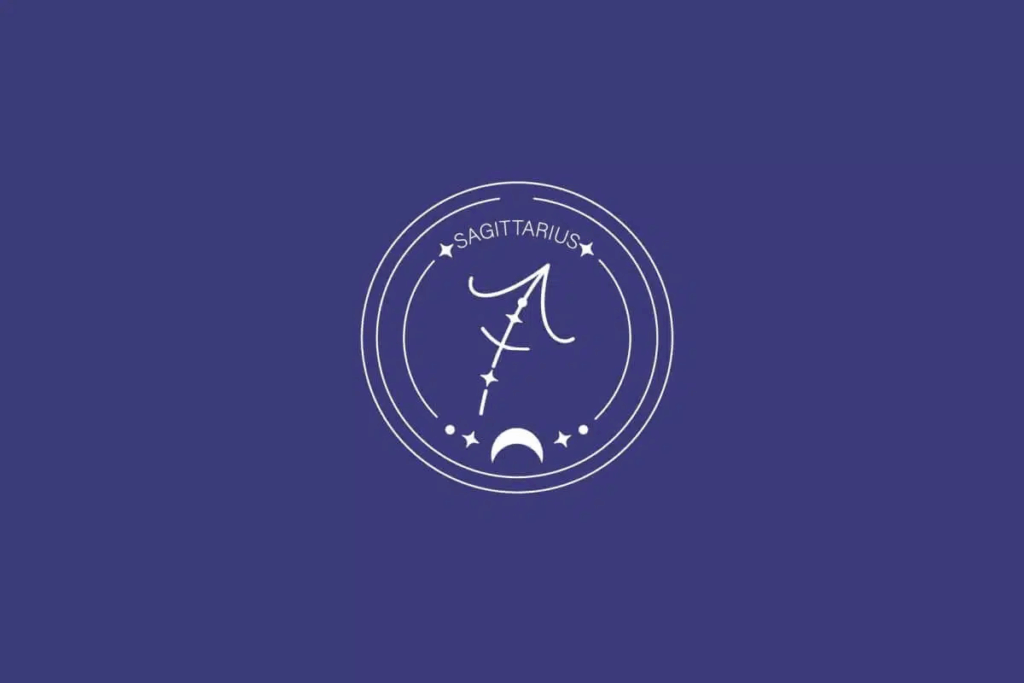 Ilustração do signo de Sagitário, com símbolo representado por uma flecha diagonal apontando para cima e à direita, em fundo azul-escuro 