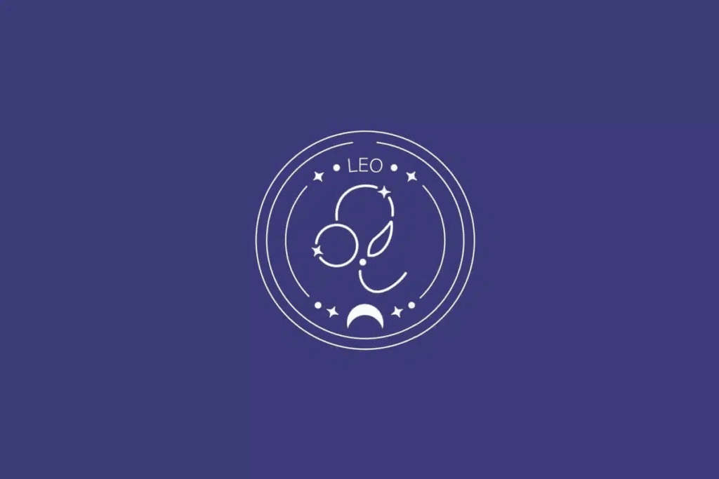 Ilustração do signo de Leão, com símbolo composto por uma linha curva em forma de cauda e um círculo, em fundo azul-escuro 