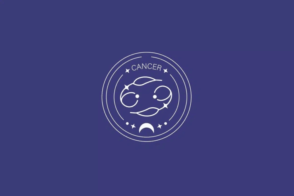 Ilustração do signo de Câncer, com símbolo formado por duas espirais opostas que se assemelham ao número 69 deitado, em fundo azul-escuro 
