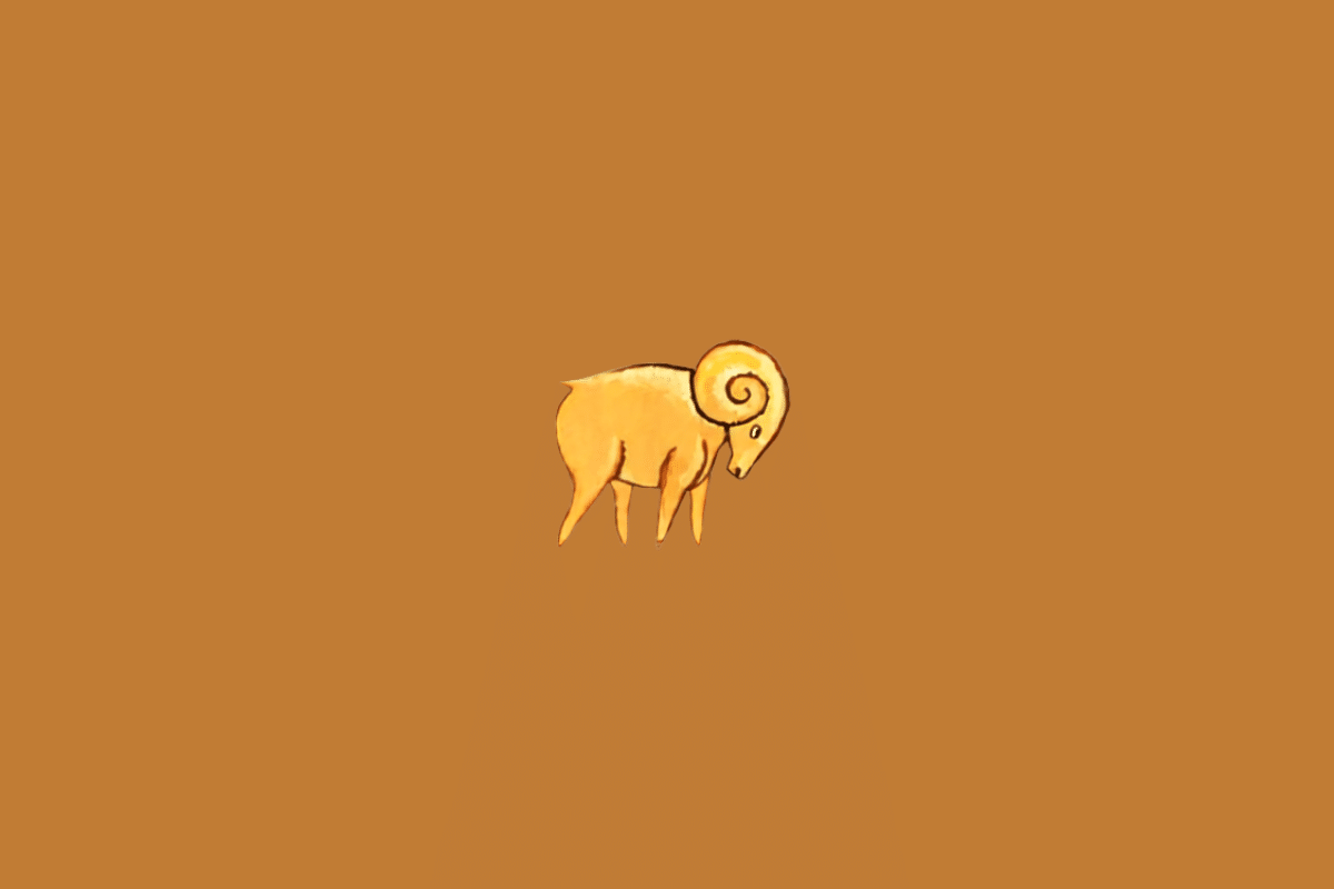 Símbolo do signo de Áries representado por um carneiro em tons de amarelo e laranja, com grandes chifres enrolados, centralizado sobre um fundo marrom-alaranjado.