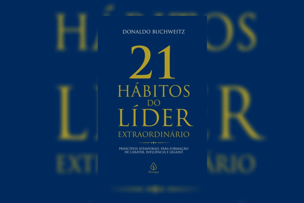 Capa de livro azul-marinho com letras douradas intitulada "21 HÁBITOS DO LÍDER EXTRAORDINÁRIO" de Donaldo Buchweitz.