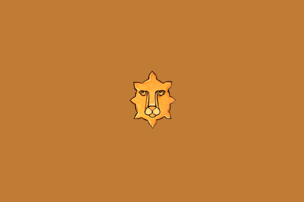 Símbolo do signo de Leão representado pela cabeça de um leão em tons de amarelo e laranja, centralizada sobre um fundo marrom-alaranjado.