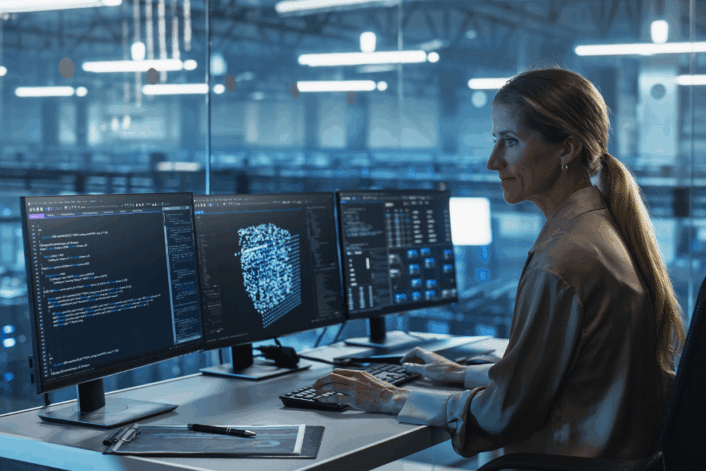 Mulher sentada de perfil em uma mesa de trabalho operando um computador com três monitores. As telas exibem linhas de código, gráficos e redes digitais em um ambiente de escritório moderno com iluminação azulada ao fundo.