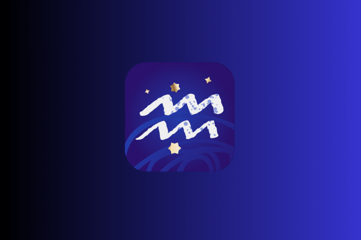 Ilustração com fundo azul e roxo exibindo um ícone central do signo de Aquário em tom branco, representado por duas linhas onduladas, cercado por pequenas estrelas douradas.