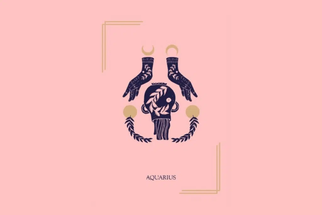 Ilustração mística sobre fundo rosa com a palavra "AQUARIUS" na parte inferior. Ao centro, duas mãos decoradas apontam para uma jarra central que derrama água, cercada por ramos de folhas e luas.