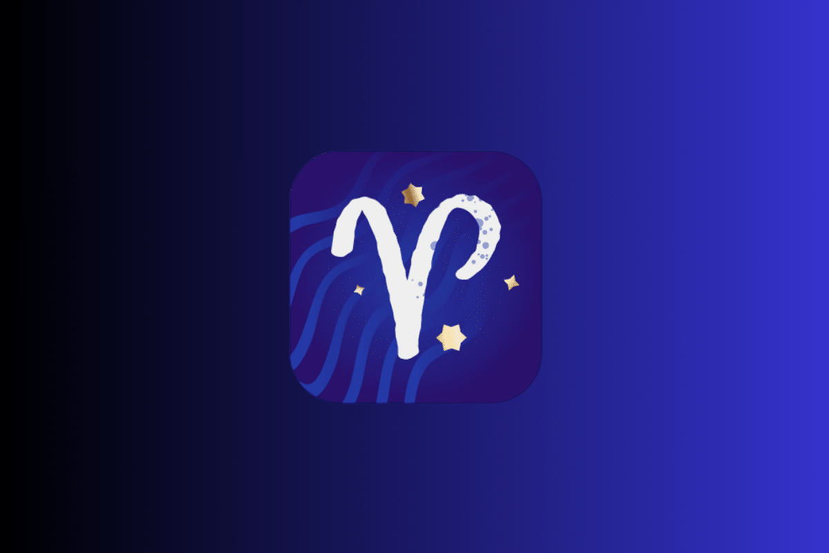 Ilustração com fundo azul e roxo exibindo um ícone central do signo de Áries em tom branco, representado por chifres estilizados, cercado por pequenas estrelas douradas.