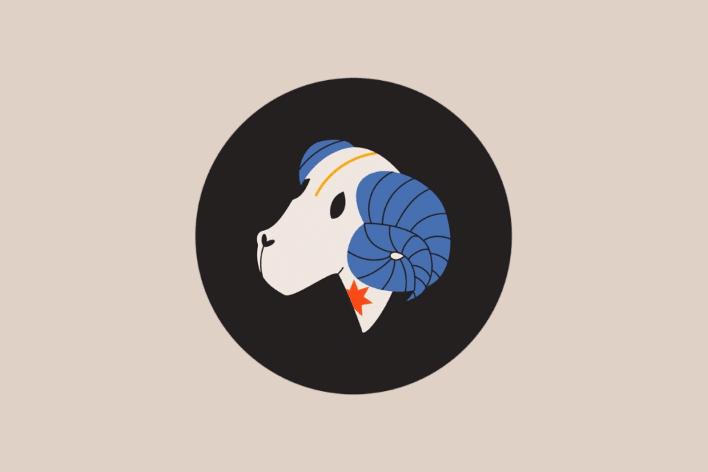 Ilustração do signo de Áries representando a cabeça de um carneiro branco com chifres espiralados azuis e uma estrela vermelha no pescoço.