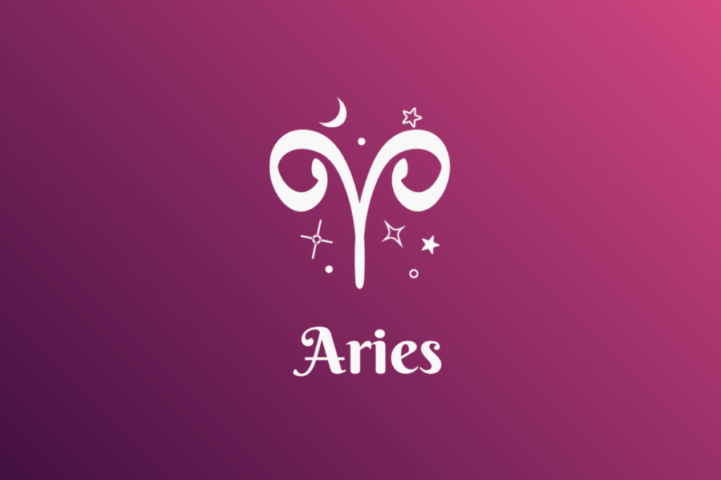 Imagem com fundo em gradiente de roxo para rosa, apresentando o símbolo branco do signo de Áries (os chifres do carneiro) cercado por estrelas, luas e pequenos elementos místico-astrológicos. Abaixo do símbolo, está escrita a palavra "Aries".