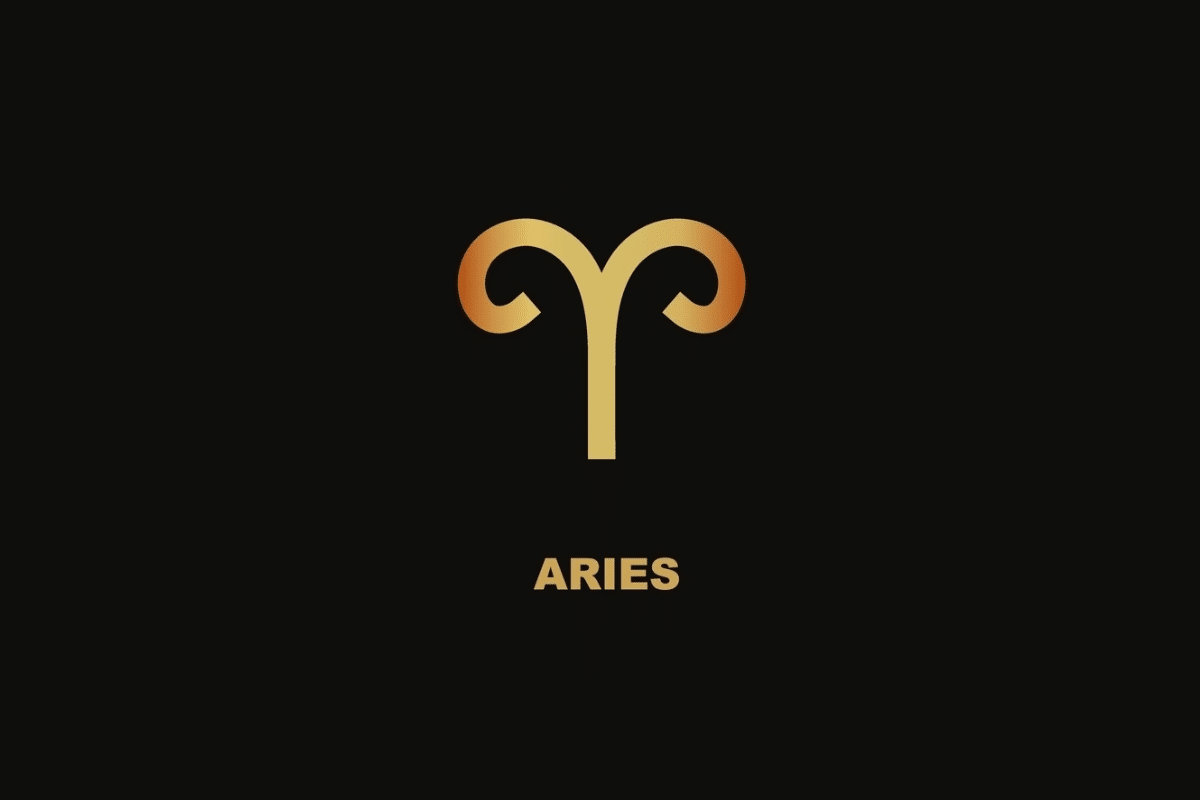 Símbolo dourado do signo de Áries sobre fundo preto, com o nome "ARIES" escrito abaixo.