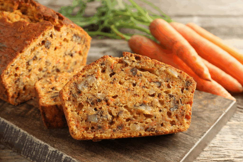 Fatias de bolo de cenoura com nozes dispostas sobre uma tábua de madeira, com cenouras frescas ao fundo.