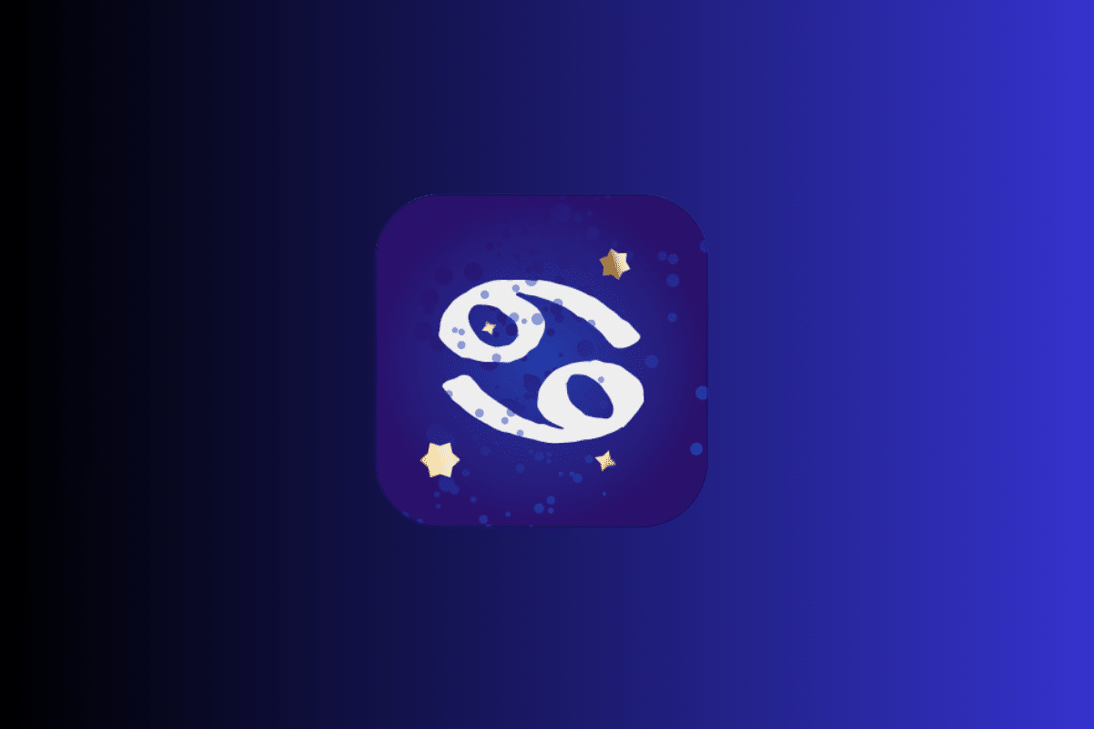 Ilustração com fundo azul e roxo exibindo um ícone central do signo de Câncer em tom branco, representado por dois círculos com caudas entrelaçadas (69 na horizontal), cercado por pequenas estrelas douradas.