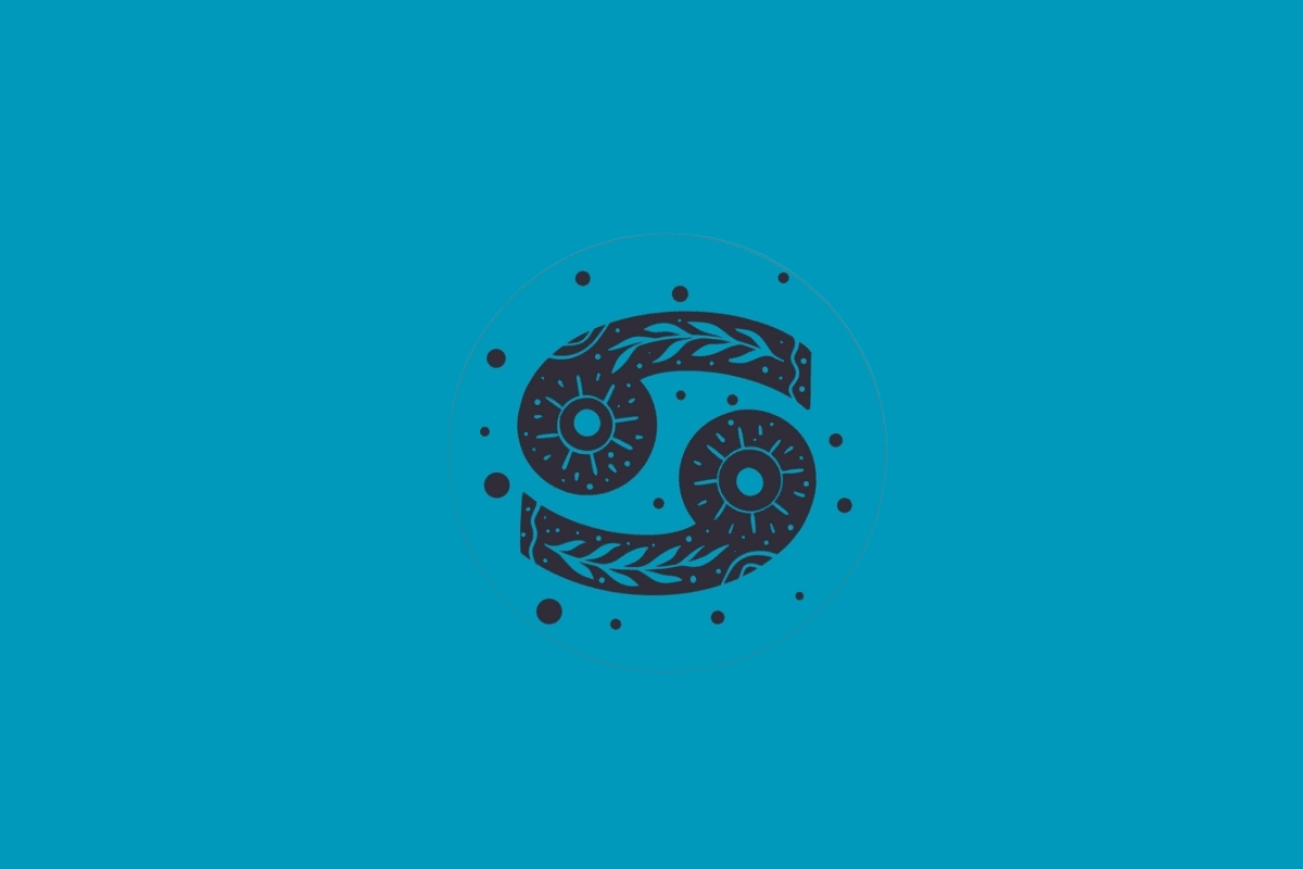Símbolo do signo de Câncer desenhado com detalhes botânicos e pequenos pontos escuros ao redor, centralizado em um círculo sobre fundo azul-turquesa.