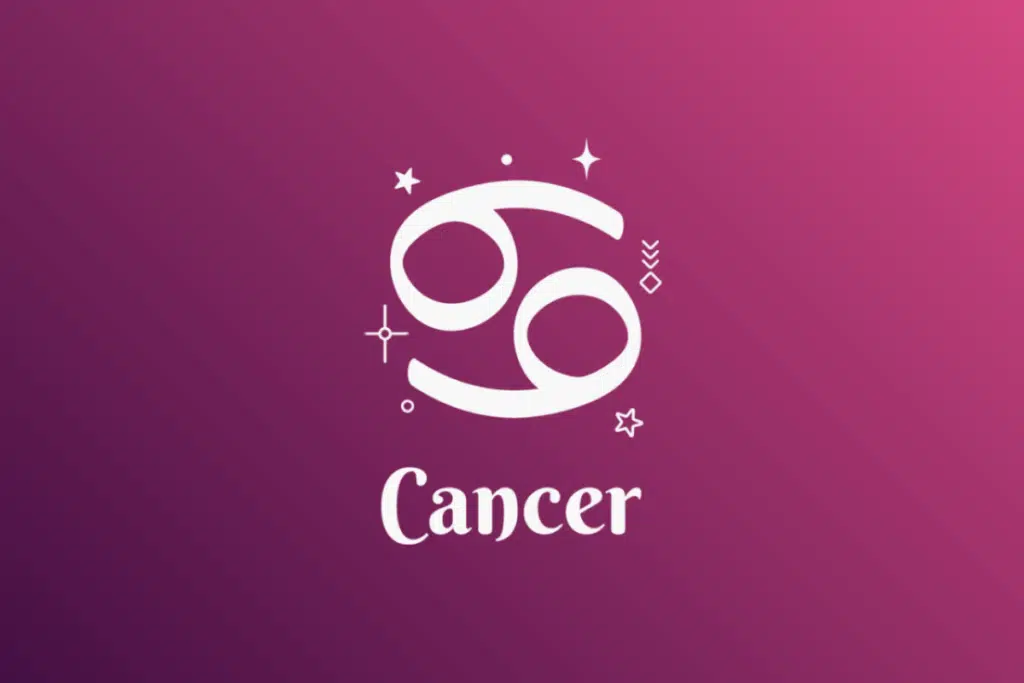 Imagem com fundo em gradiente de roxo para rosa, apresentando o símbolo branco do signo de Câncer (o número 69 deitado) cercado por estrelas e pequenos elementos místico-astrológicos. Abaixo do símbolo, está escrita a palavra "Cancer".