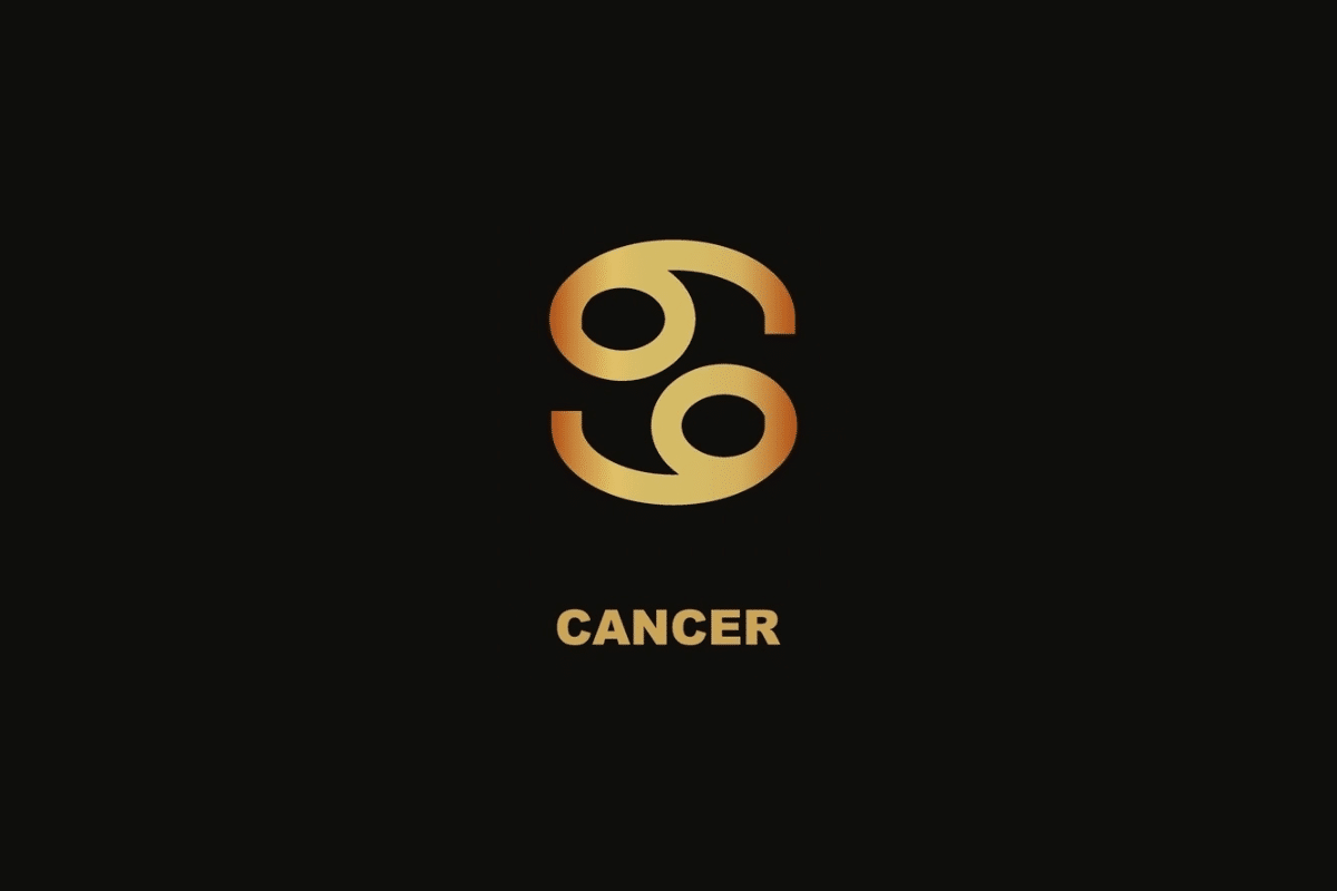 Símbolo dourado do signo de Câncer sobre fundo preto, com o nome "CANCER" escrito abaixo.