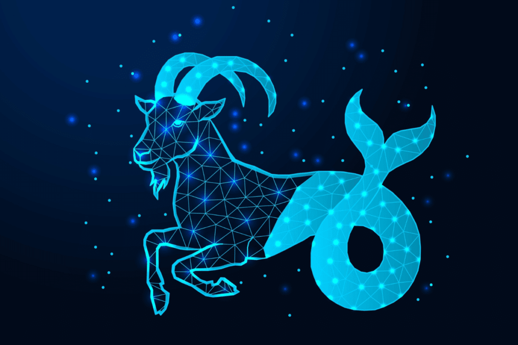 A representação mítica de Capricórnio (cabra com cauda de peixe) em estilo digital geométrico e luminoso, em tons de azul neon sobre fundo escuro