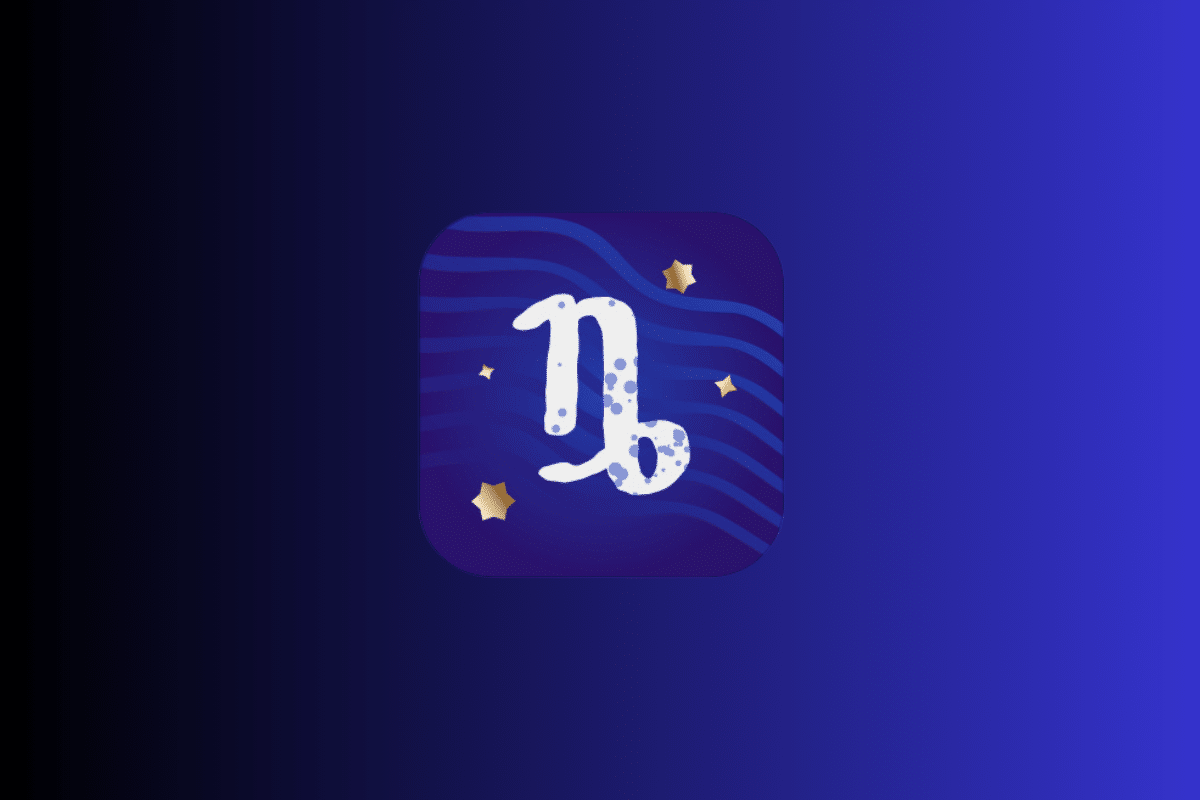 Ilustração com fundo azul e roxo exibindo um ícone central do signo de Capricórnio em tom branco, cercado por pequenas estrelas douradas.