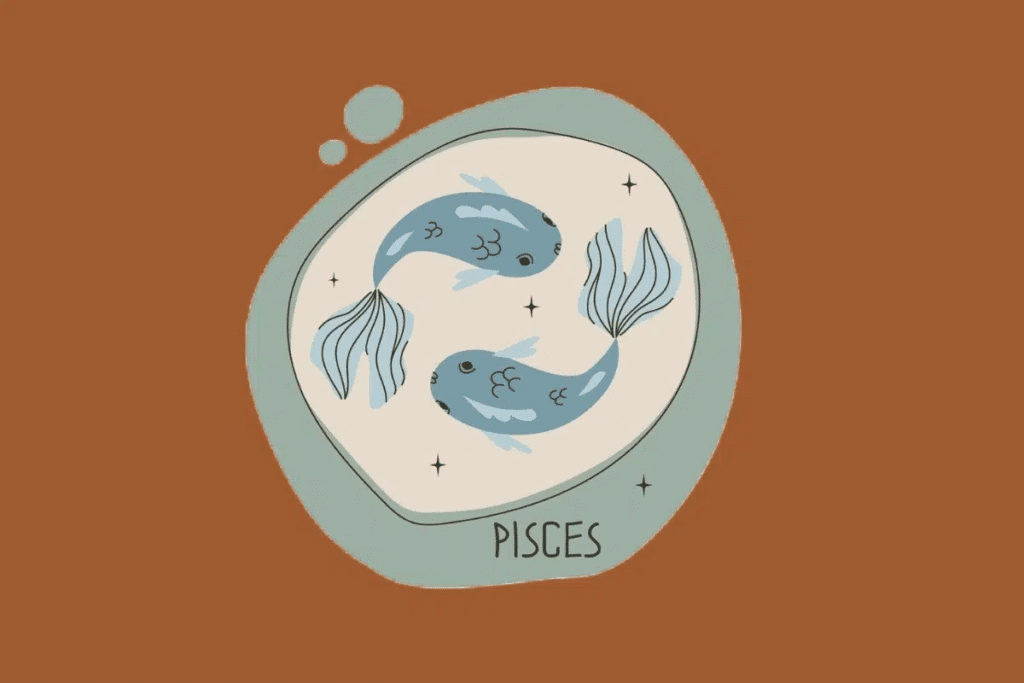 Ilustração do signo de Peixes apresentando dois peixes azuis nadando em direções opostas, formando um círculo. Eles estão inseridos em uma moldura verde-claro com pequenas estrelas ao redor, sobre um fundo marrom 