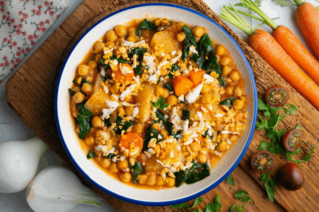 Vista superior de um prato fundo com ensopado quente de grão-de-bico, pedaços de cenoura, batata, espinafre e ovo cozido ralado por cima. O prato está sobre uma tábua de madeira cercado por ingredientes frescos, como cenouras inteiras, cebolas e mini tomates.