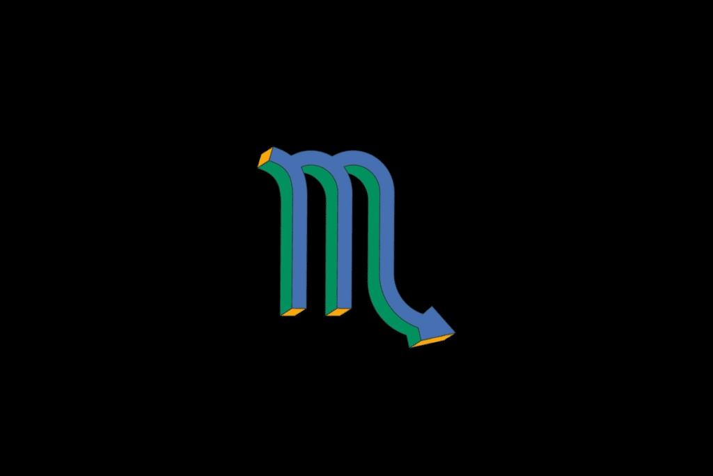 Símbolo astrológico de Escorpião em estilo tridimensional com efeito isométrico, representado pela letra "m" com cauda em formato de seta em tom azul com laterais verdes e amarelas, centralizado sobre um fundo preto.